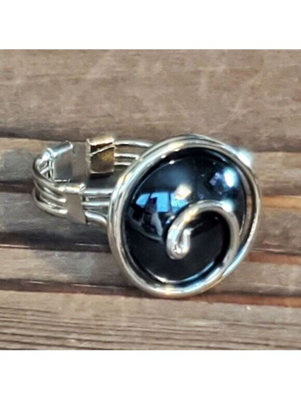 Handcrafted Edgy Opaque Black Silver Spiral Luster Glass Bauble Ring